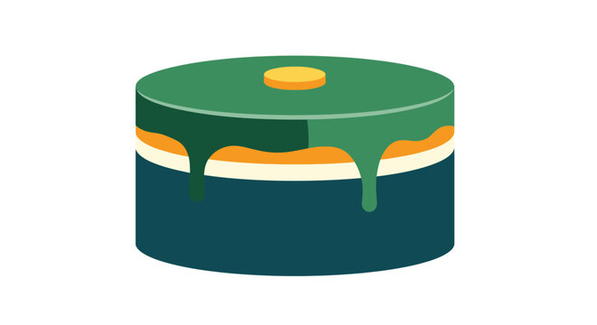 Colorful layered cake with dripping green icing design.