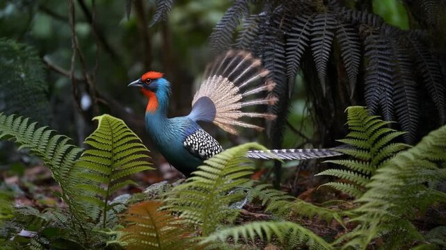 Vibrant male Temminck's Tragopan pheasant fanning its ornamental tail feathers in a lush, green forest, showcasing mating display