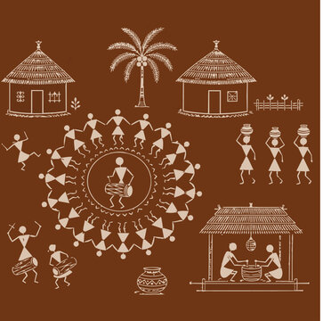 Traditional Indian Warli Art Circular Folk Design Vector