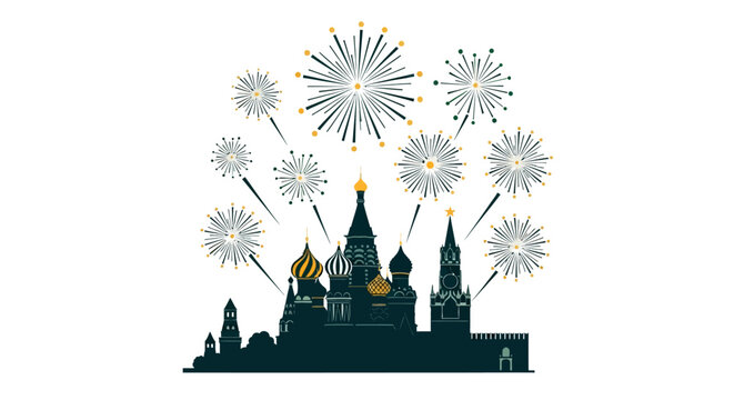 Russian cathedral silhouette with vibrant fireworks display.