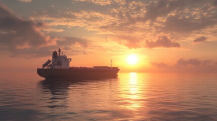 Obraz premium Ship Silhouetted at Sunset with Warm Coastal Background