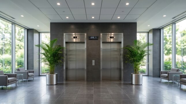 Modern office lobby with stainless steel elevators and natural light