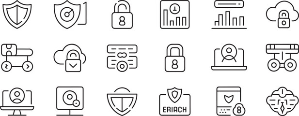 Fototapeta premium Cyber Security Icons Traced Set with Shield, Lock, User, Analytics, Network Security and Encrypted Email Symbols