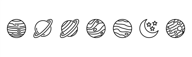 Outer Planets set featuring Jupiter, Saturn, Uranus, Neptune, Pluto, Moon, Mars for astronomy visuals. © Dewi Sari