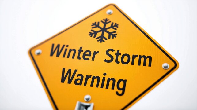 Warning sign for winter storm alert with snowflake symbol on yellow diamond weather