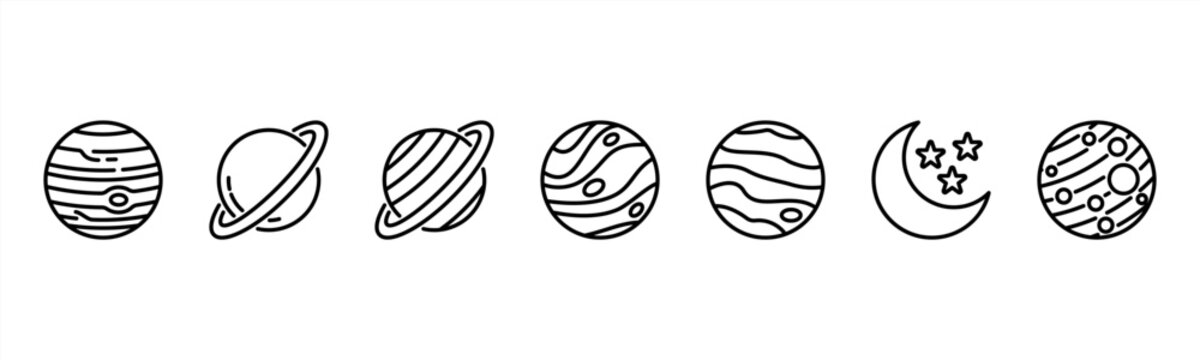 Outer Planets set featuring Jupiter, Saturn, Uranus, Neptune, Pluto, Moon, Mars for astronomy visuals.