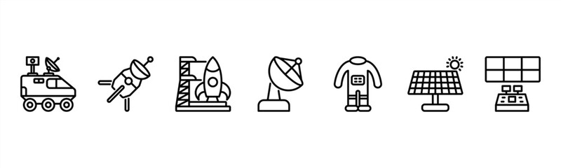 Space Technology set featuring Rover, Space Probe, Launch Pad, Satellite Dish, Space Suit, Solar Panel, Control Center for space engineering visuals. © Dewi Sari