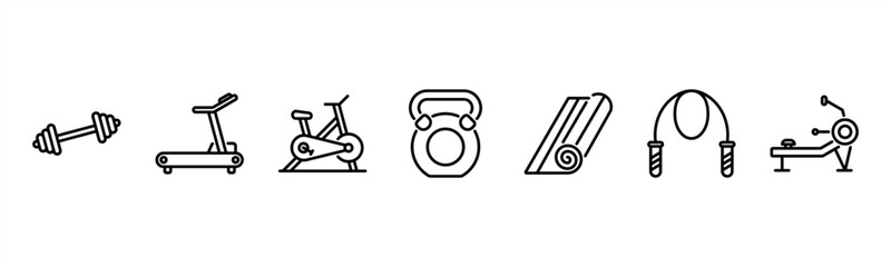 Fitness Equipment set featuring Dumbbell, Treadmill, Exercise Bike, Kettlebell, Yoga Mat, Jump Rope, Rowing Machine for gym and workout visuals. © Dewi Sari