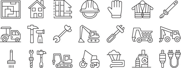 Construction Tools Icon Set with House, Helmet, Gloves, Hammer, Saw, Excavator, Truck, Wires and Electrical Plugs ©  photo99