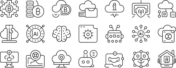 Fototapeta premium Artificial Intelligence Icons Set with Cloud, Brain, Robots, Shield, File, and Security Line Drawings
