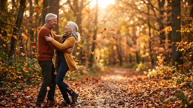Happy elderly couple dancing in autumn forest with falling leaves