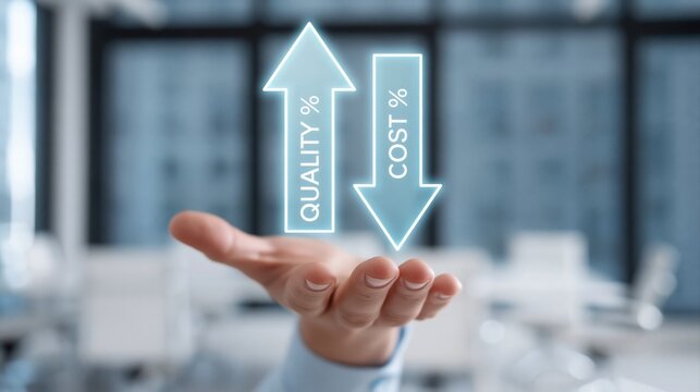 Business growth strategy showing quality up and cost down for efficiency and profitability