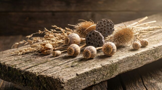 Close-up arrangement of dried poppy seed heads, lotus pods, spiky teasels, and stalks of wild grass resting on a weathered, textured wooden plank with soft, warm side lighting.