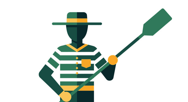 Colorful gondolier illustration holding large oar with confidence.