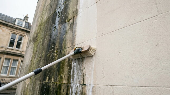 Wall cleaning with long-handled brush removing mold and dirt from exterior facade, showing property restoration.