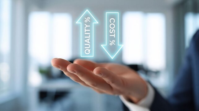 Business person optimizing quality and cost for efficiency growth strategy hologram