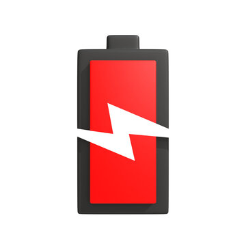 Striking 3D illustration of a red battery symbol with a white lightning bolt, depicting critical power levels or the process of device charging and energy replenishment