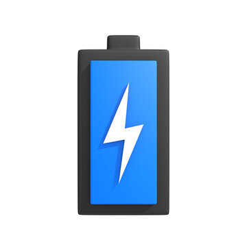 Visually engaging 3D rendered icon of a battery with a prominent lightning bolt symbol, signifying active charging status and power replenishment for modern digital devices and electronic systems
