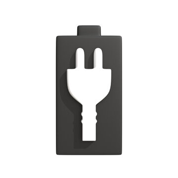 Simple illustration of a dark grey battery icon with a white power plug symbol displayed prominently inside, symbolizing energy, electricity, and charging capabilities
