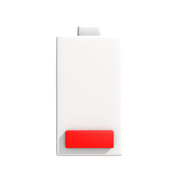 Critical low power warning icon for a digital device indicating an urgent need for recharging, symbolizing depleted energy or a near-empty battery status in a minimalist 3D graphic