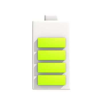 A modern 3D illustration of a fully charged battery icon, showcasing four vibrant green bars. This clean graphic effectively symbolizes maximum power, complete energy, and readiness