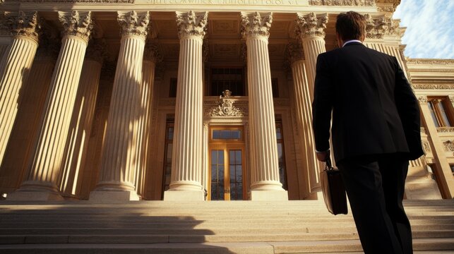 Businessman Approaching Courthouse Steps at Midday