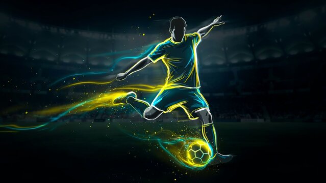 Glowing football player kicking ball in stadium at night