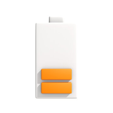 3D illustration of a white and orange battery icon with low charge level, symbolizing power depletion or need for recharge