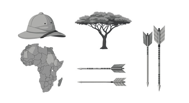 Collection of grayscale icons featuring a pith helmet, an acacia tree, a map of Africa, and four arrows used for hunting or navigation.