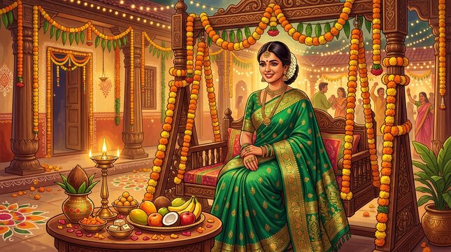 Beautiful Indian Woman Celebrating Hariyali Teej Festival on Swing with Mehndi and Puja Items Isolated on White Background
