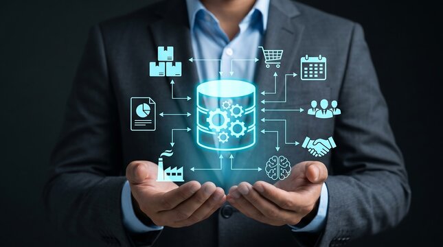 Business manager presenting digital data management network with business management database technology information strategy corporate professional solution innovation infrastructure