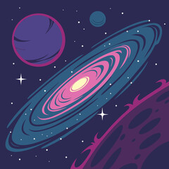 Naklejka premium Vibrant illustration of a spiral galaxy with planets and stars in deep space, cosmic and celestial artwork