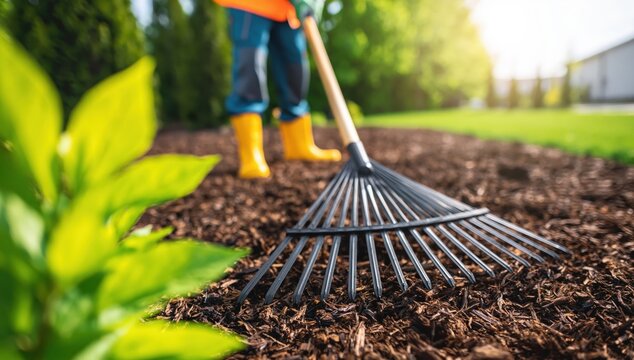 Gardening with rake spreading mulch in backyard garden spring landscaping maintenance work boots