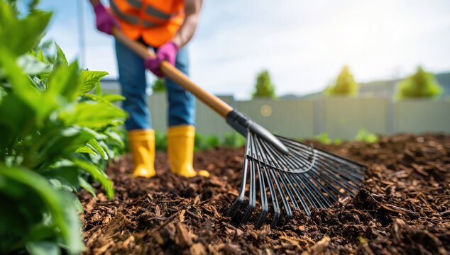 Gardener raking dark mulch in garden landscaping work outdoors planting soil