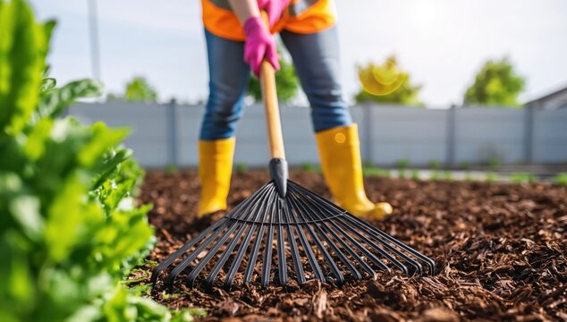Gardening work: person raking mulch in garden bed on sunny yard ground