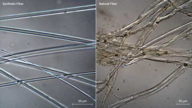 Detailed fiber comparison microscopy view differentiating smooth synthetic fiber from rough natural textile evidence, critical analysis in forensic science examination