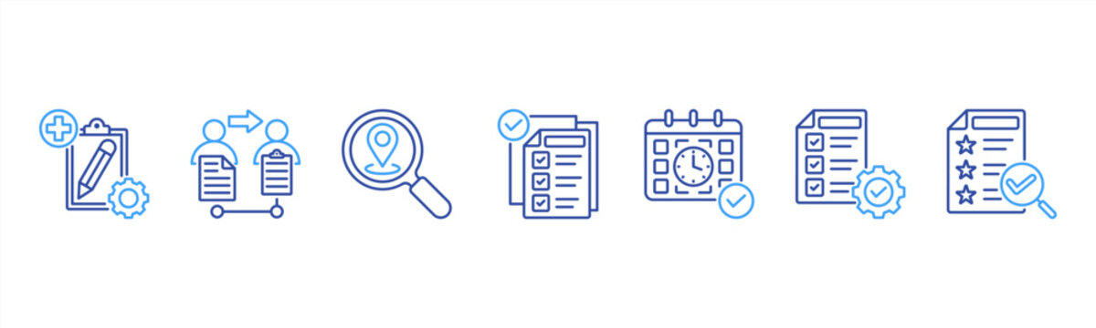 Task Management icon set includes Task Creation, Assignment, Tracking, Prioritization, Scheduling, Completion, and Review for productive workflows.