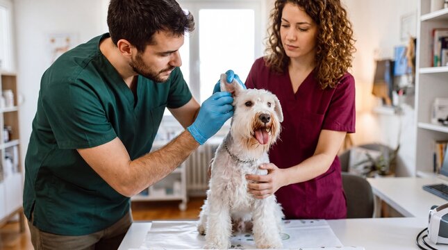 Veterinarian checking dog's ear in examination room