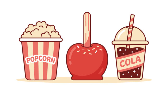 Classic Fun Fair and Cinema Snacks Popcorn, Candy Apple, and Refreshing Soda Drink Illustration