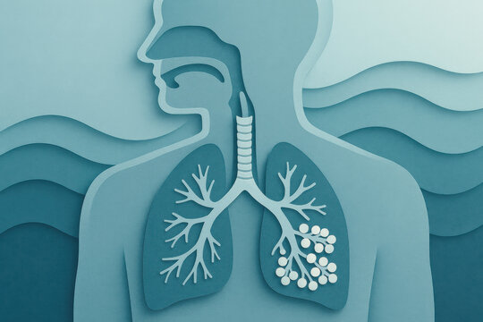 Beautiful layered paper art depicting human respiratory system with lung bronchus and alveolus in calm educational soft blue teal palette for biology content