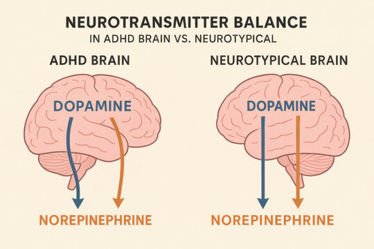 Neurotransmitter balance comparison ADHD brain versus neurotypical brain dopamine norepinephrine pathway diagram psychiatric educational illustration