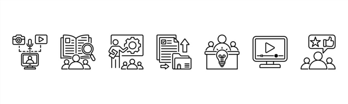 Knowledge Sharing Management icon set includes Content Creation, Internal Wiki, Training Sessions, Document Sharing, Expert Panels, Video Tutorials, and Feedback for enhanced learning.