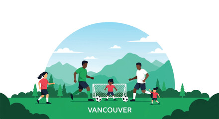 Obraz premium A diverse family playing soccer in a minimalist Vancouver park with mountain silhouettes in the distance, emerald green and sky blue palette, minimalist flat vector artwork, clipart style,