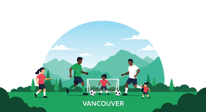 A diverse family playing soccer in a minimalist Vancouver park with mountain silhouettes in the distance, emerald green and sky blue palette, minimalist flat vector artwork, clipart style,