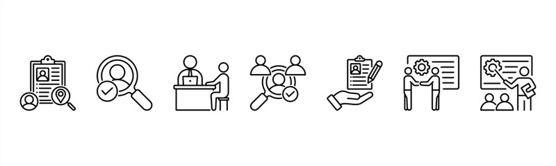 Fototapeta premium Recruitment Management icon set includes Job Posting, Screening, Interviewing, Selection, Offer Management, Onboarding, and Training for effective hiring processes.