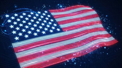 Obraz premium American flag made of glowing pixels waving on dark background with blue lights