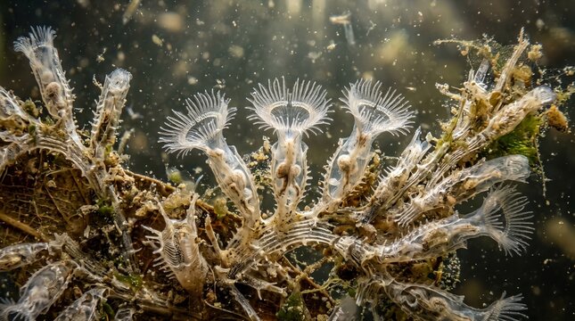 Magnified Underwater View of Delicate Freshwater Bryozoan Colony with Intricate Filtering Structures