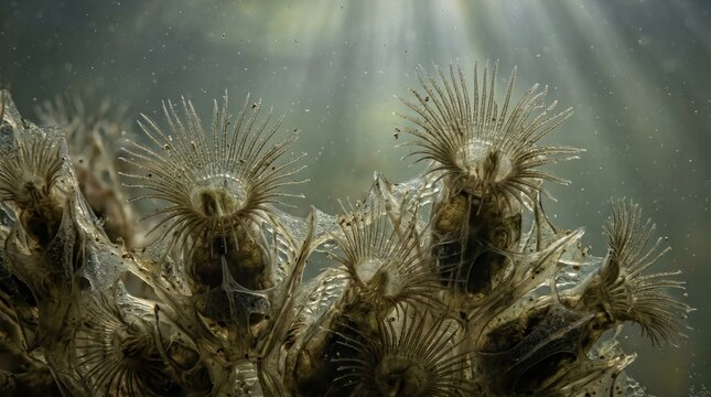 Intricate Freshwater Bryozoan Colony Thriving Underwater, Illuminated by Natural Sunbeams