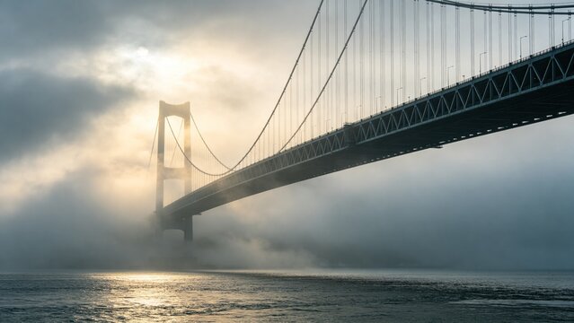 Suspension bridge disappearing into fog over calm water