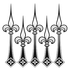 Set of five ornate fleur de lis fence toppers in black and white vector art decorative architectural elements with classic french lily motifs design © MST. JANNATUL FERDOU